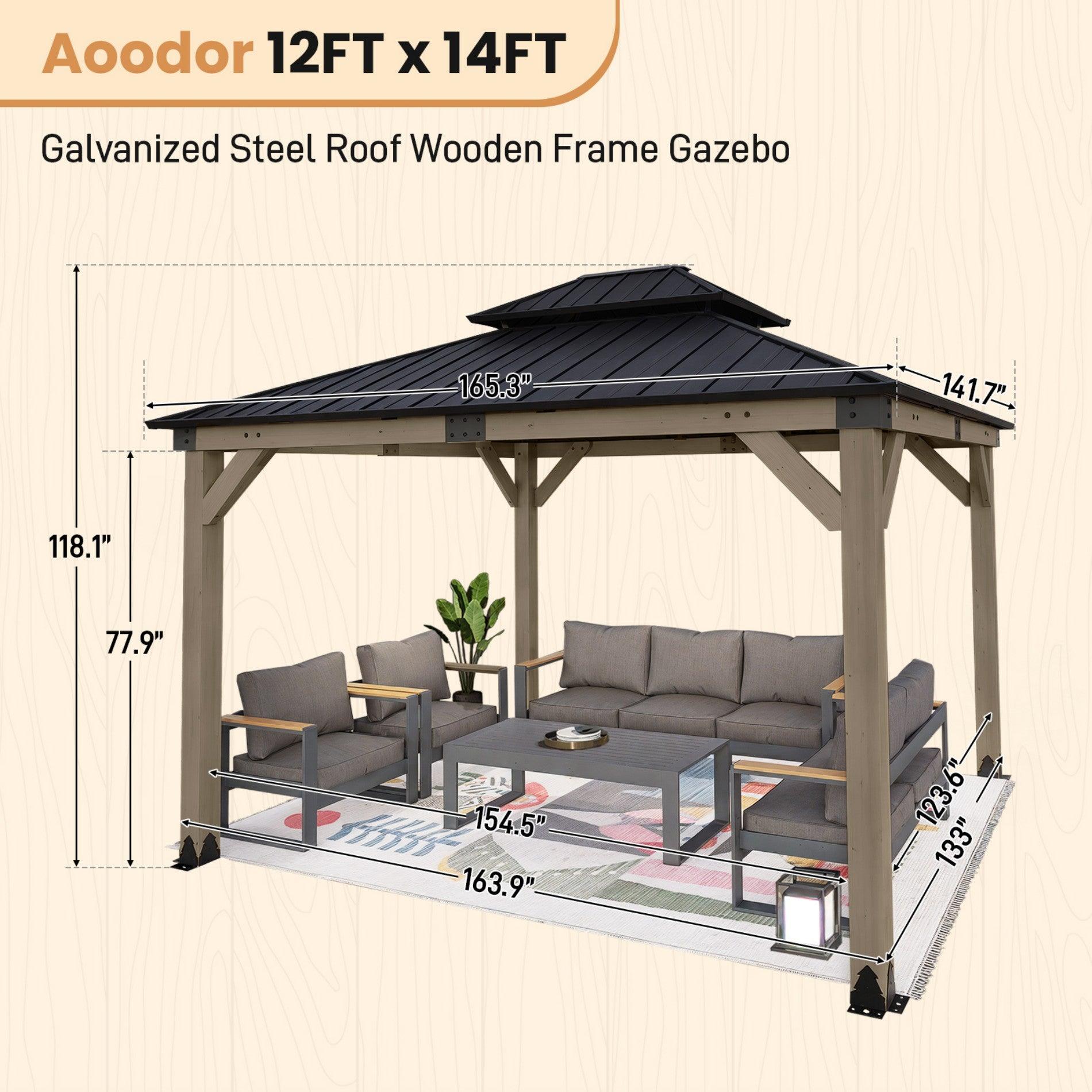 Wood Gazebo,Upgrade Cedar Wooden Frame Gazebo with Galvanized Steel Roof Aoodor 12 FT × 14 FT Aoodor 