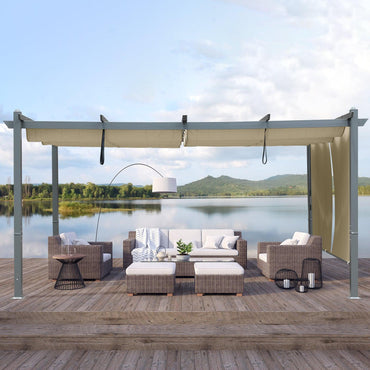 14x12 ft. Outdoor Pergola with Retractable Shade Canopy, Aluminum Frame, Roller Shade Curtain