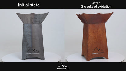 24 inch Rustic Corten Steel Wood-Burning Fire Pit with 27 inch Stand - Before and After Oxidation