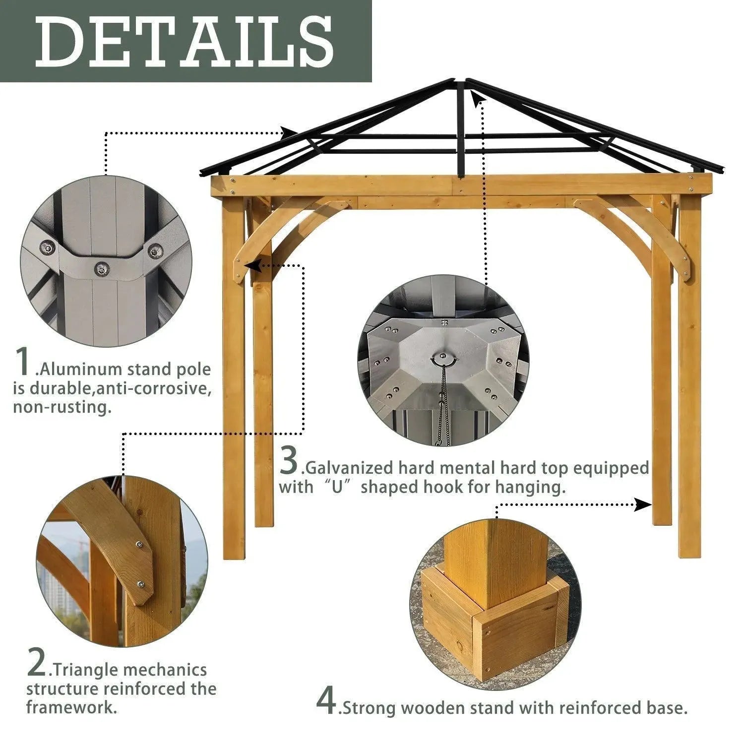 10 x 10 ft. Outdoor Solid Wooden Frame Gazebo with Metal Hardtop Roof Gazebo Aoodor LLC