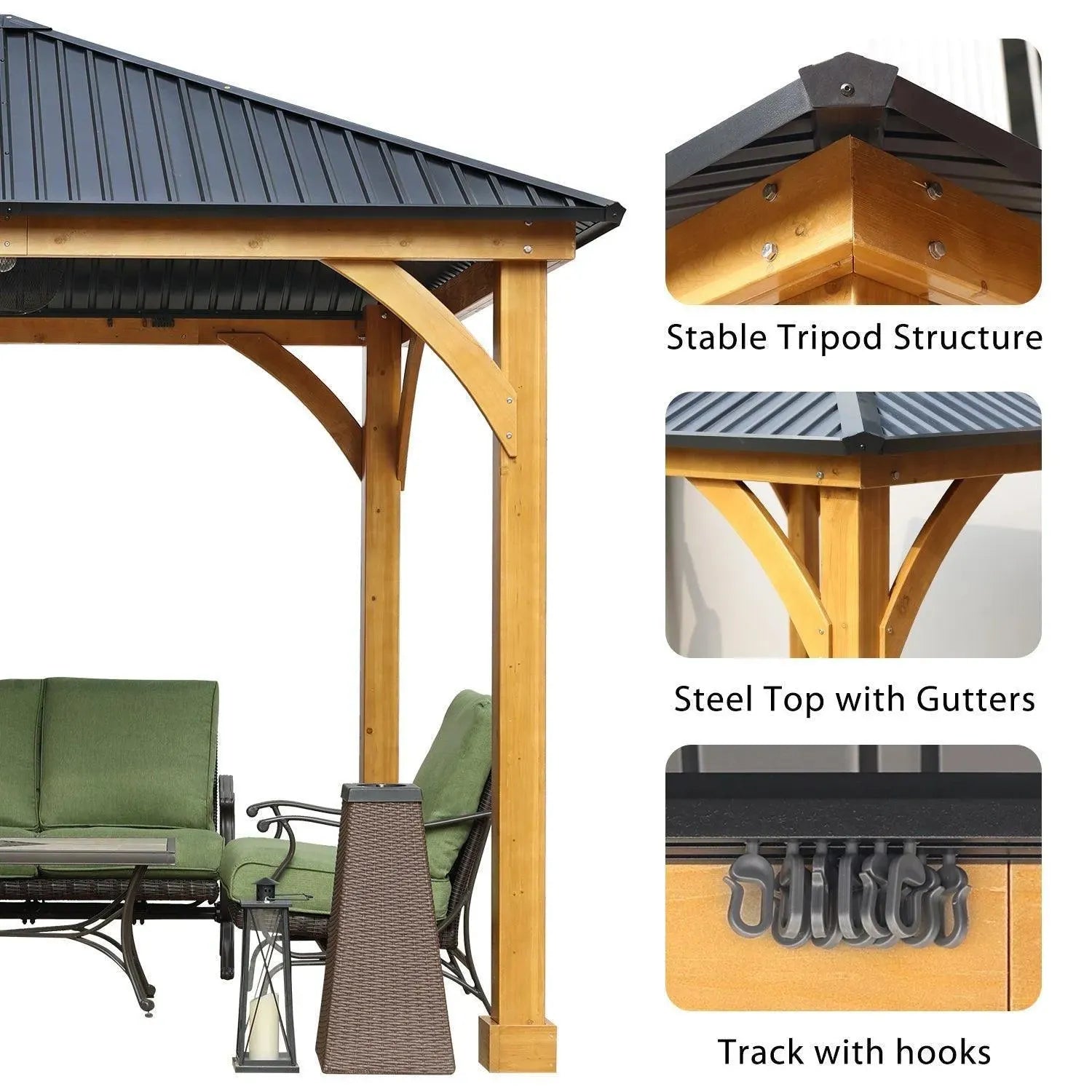 10 x 10 ft. Outdoor Solid Wooden Frame Gazebo with Metal Hardtop Roof Gazebo Aoodor LLC