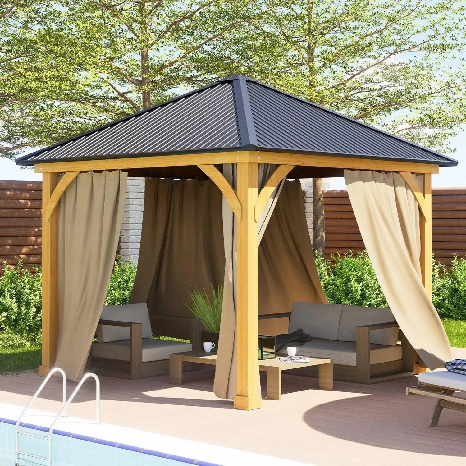 10 x 10 ft. Outdoor Solid Wooden Frame Gazebo with Metal Hardtop Roof Gazebo Aoodor LLC