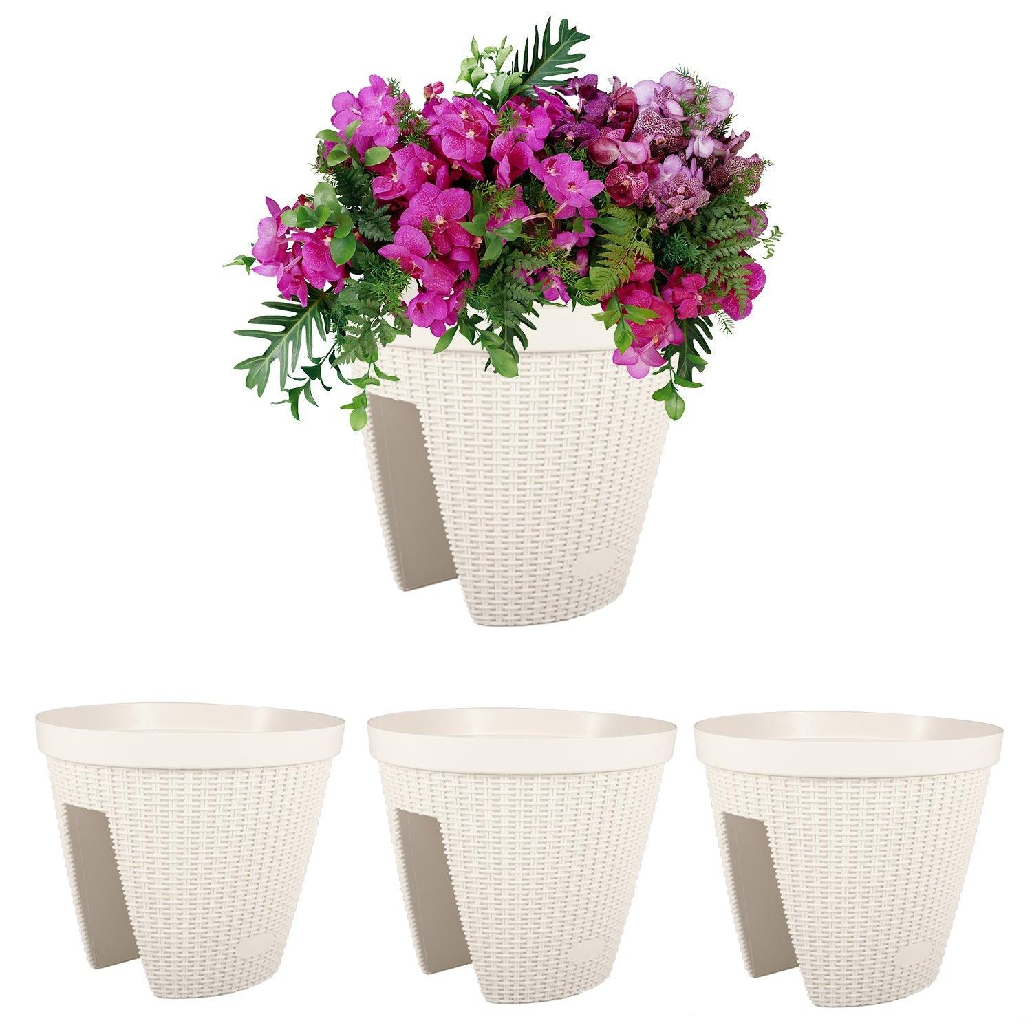 12'' Balcony Rattan Pattern Railing Planter Box with Drainage Holes and Adjustable Brackets- Set of 4  Aoodor  White