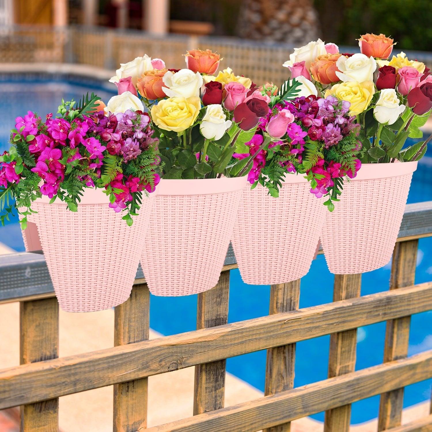 12'' Balcony Rattan Pattern Railing Planter Box with Drainage Holes and Adjustable Brackets- Set of 4  Aoodor