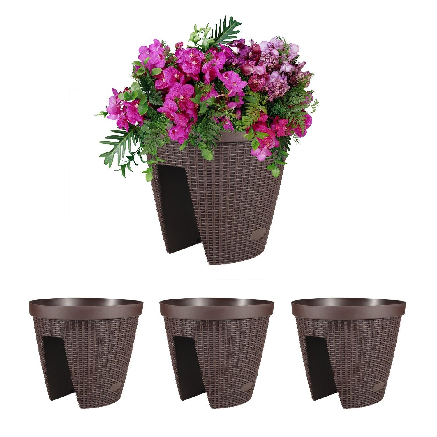 12'' Balcony Rattan Pattern Railing Planter Box with Drainage Holes and Adjustable Brackets- Set of 4  Aoodor  Coffee