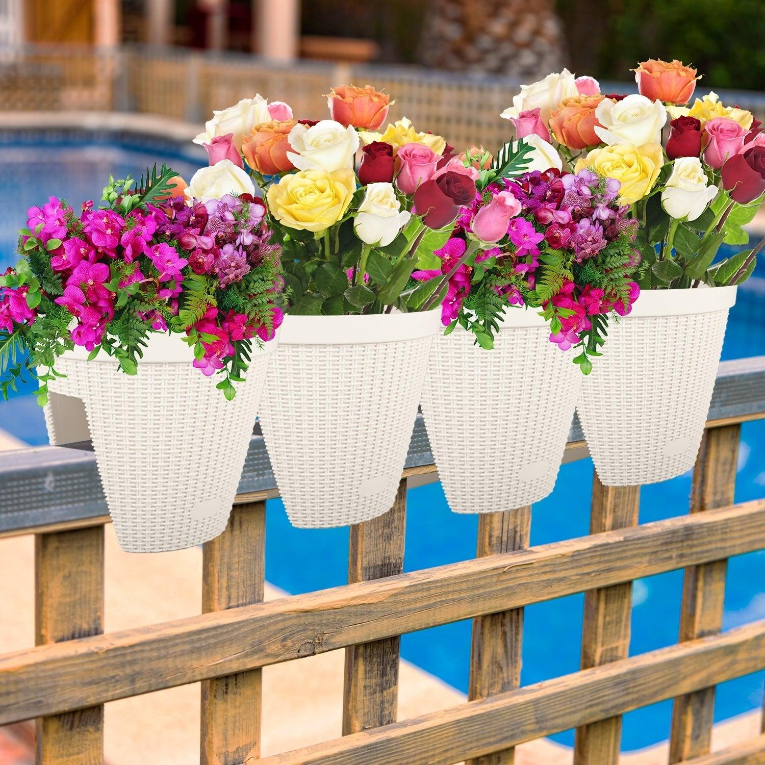 12'' Balcony Rattan Pattern Railing Planter Box with Drainage Holes and Adjustable Brackets- Set of 4  Aoodor