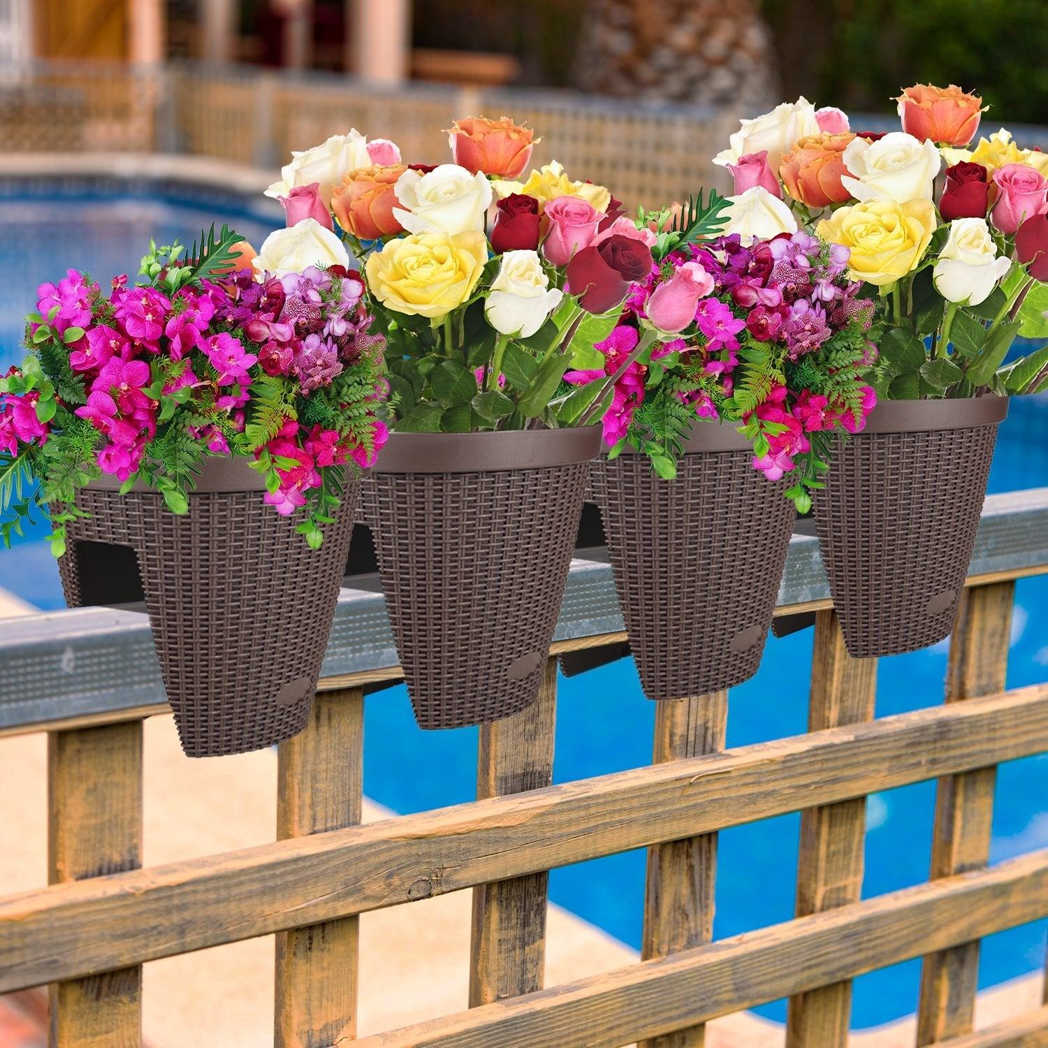 12'' Balcony Rattan Pattern Railing Planter Box with Drainage Holes and Adjustable Brackets- Set of 4  Aoodor