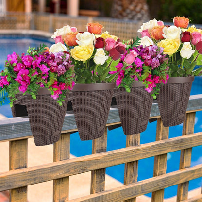 12'' Balcony Rattan Pattern Railing Planter Box with Drainage Holes and Adjustable Brackets- Set of 4  Aoodor