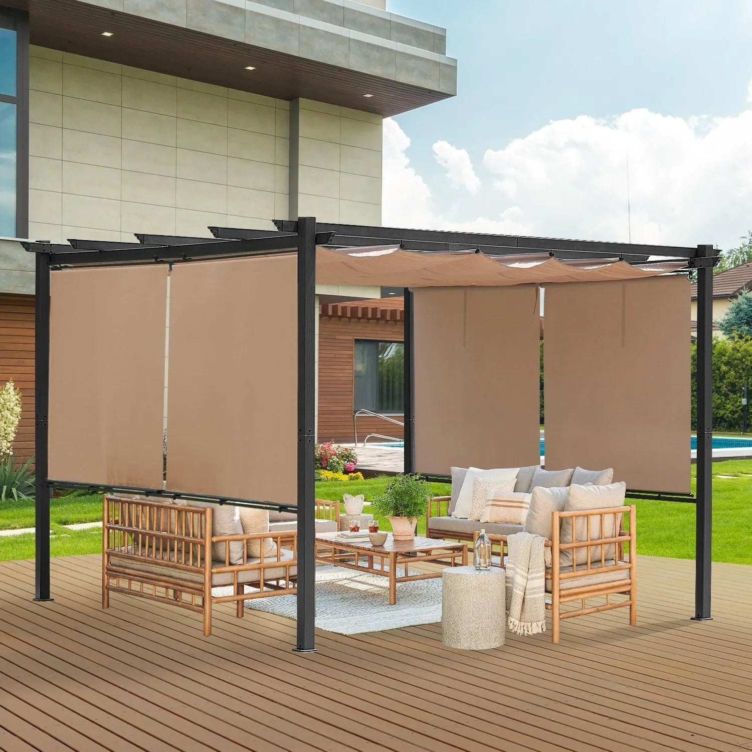 12 x 10 FT Outdoor Pergola with Retractable Shade Canopy, Aluminum Frame, Roller Shade Curtain- Dark Brown Pergola Aoodor   