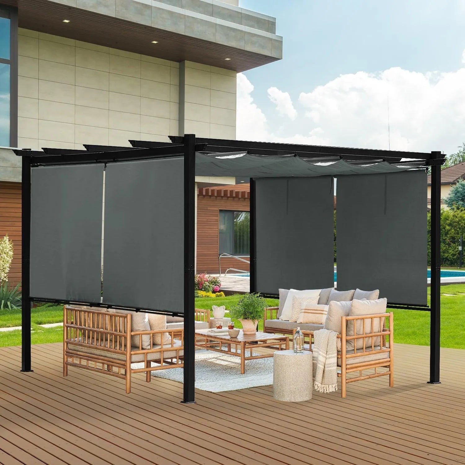 12 x 10 FT Outdoor Pergola with Retractable Shade Canopy, Aluminum Frame, Roller Shade Curtain- Gary Pergola Aoodor   