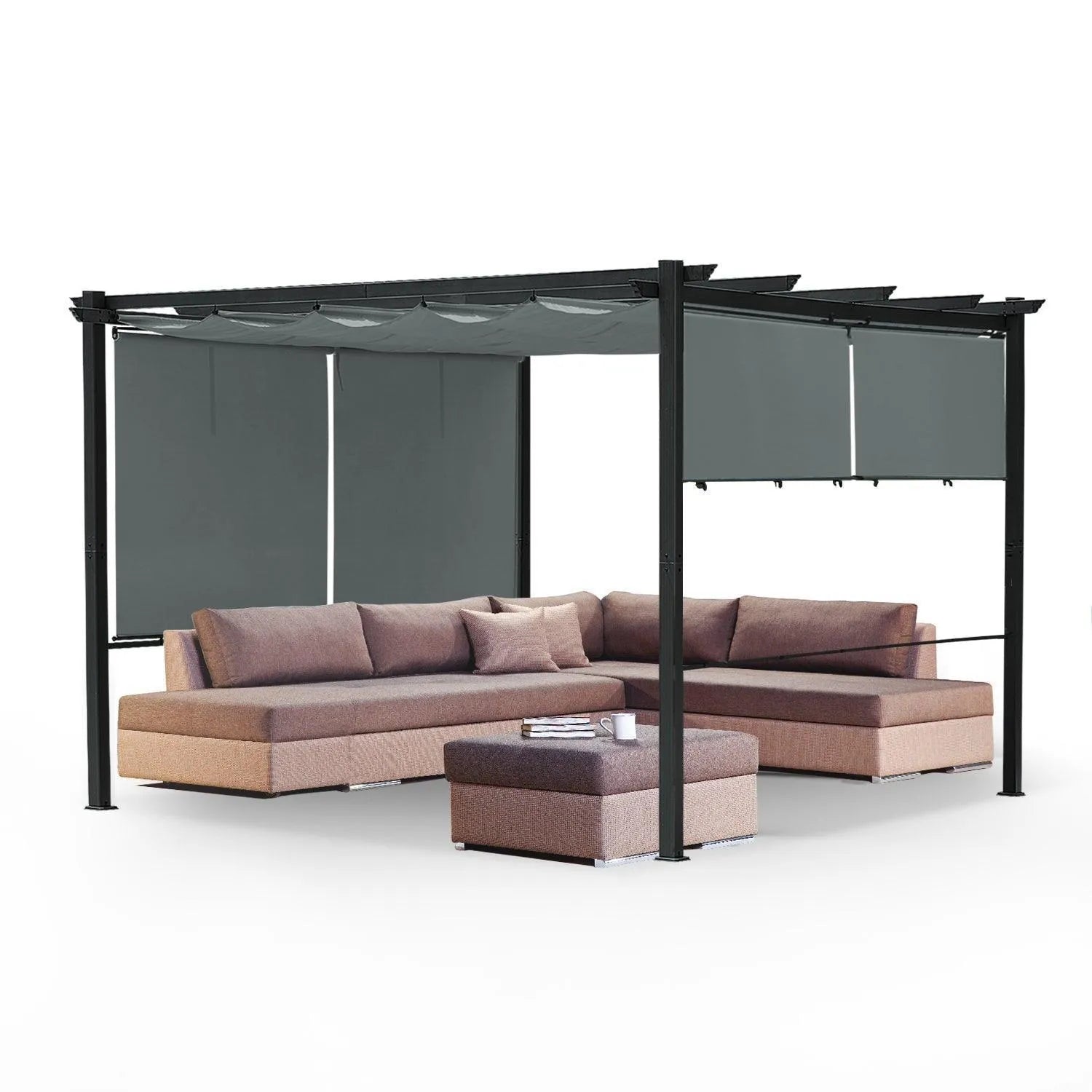 12 x 10 FT Outdoor Pergola with Retractable Shade Canopy, Aluminum Frame, Roller Shade Curtain- Dark Gary Pergola Aoodor 10×12 Ft. Gray 