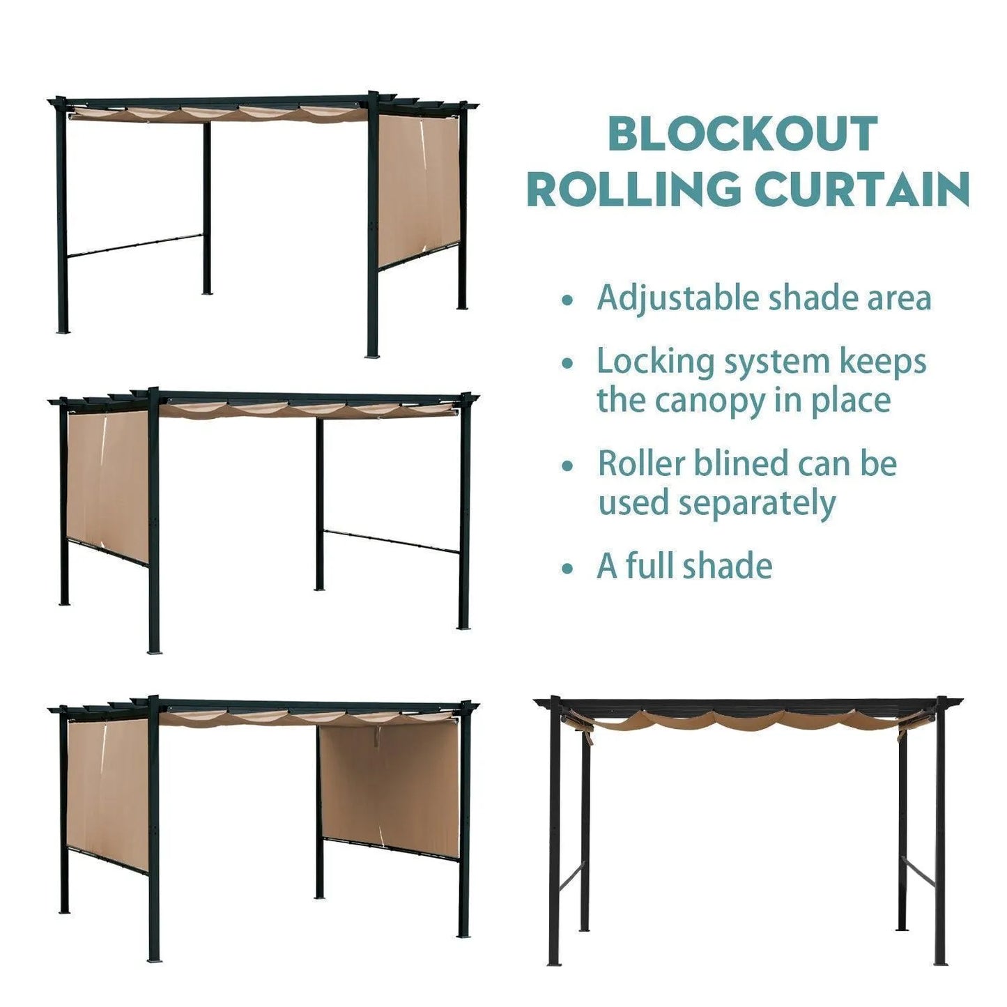 12 x 10 FT Outdoor Pergola with Retractable Shade Canopy, Aluminum Frame, Roller Shade Curtain- Dark Brown Pergola Aoodor   