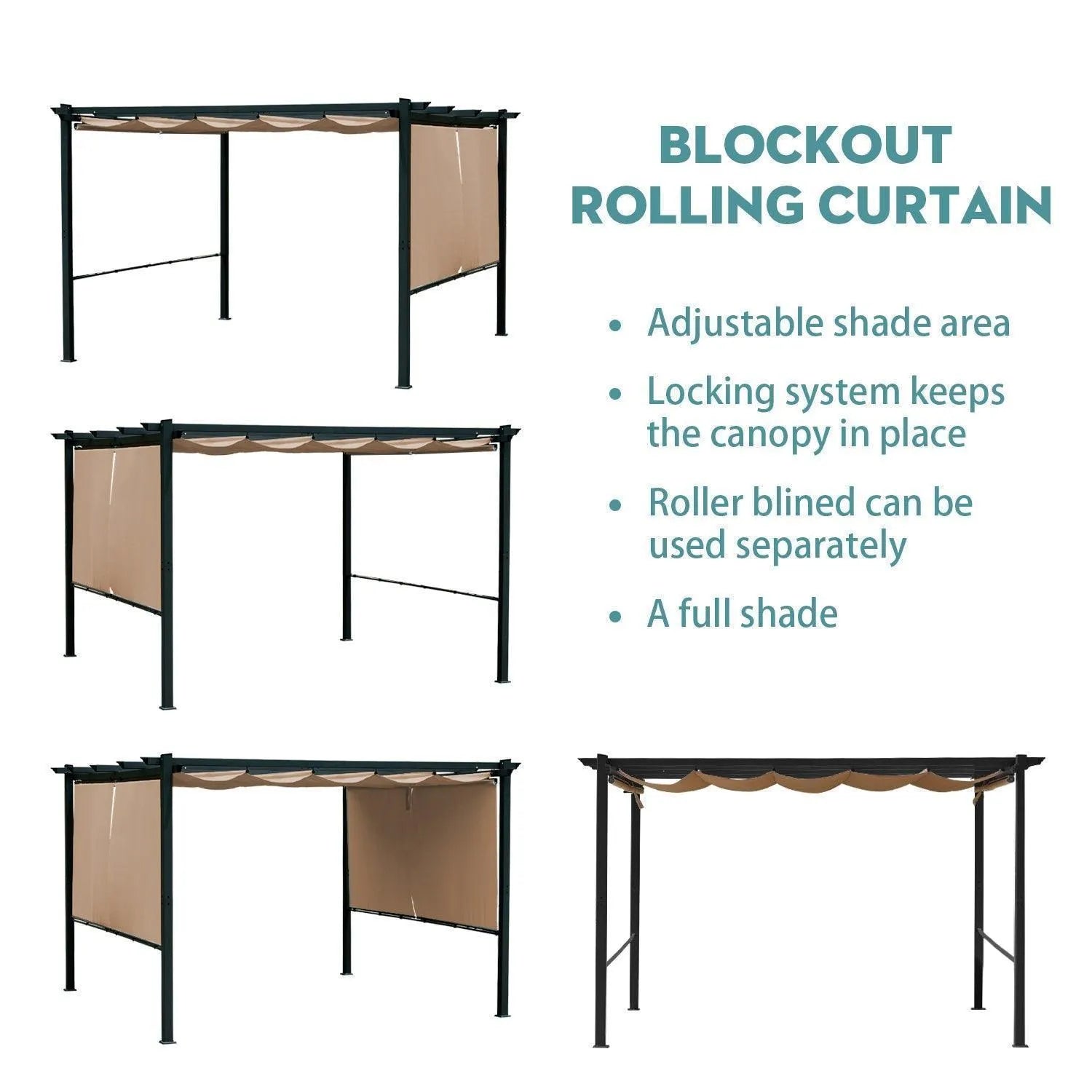 12 x 10 FT Outdoor Pergola with Retractable Shade Canopy, Aluminum Frame, Roller Shade Curtain- Dark Brown Pergola Aoodor   