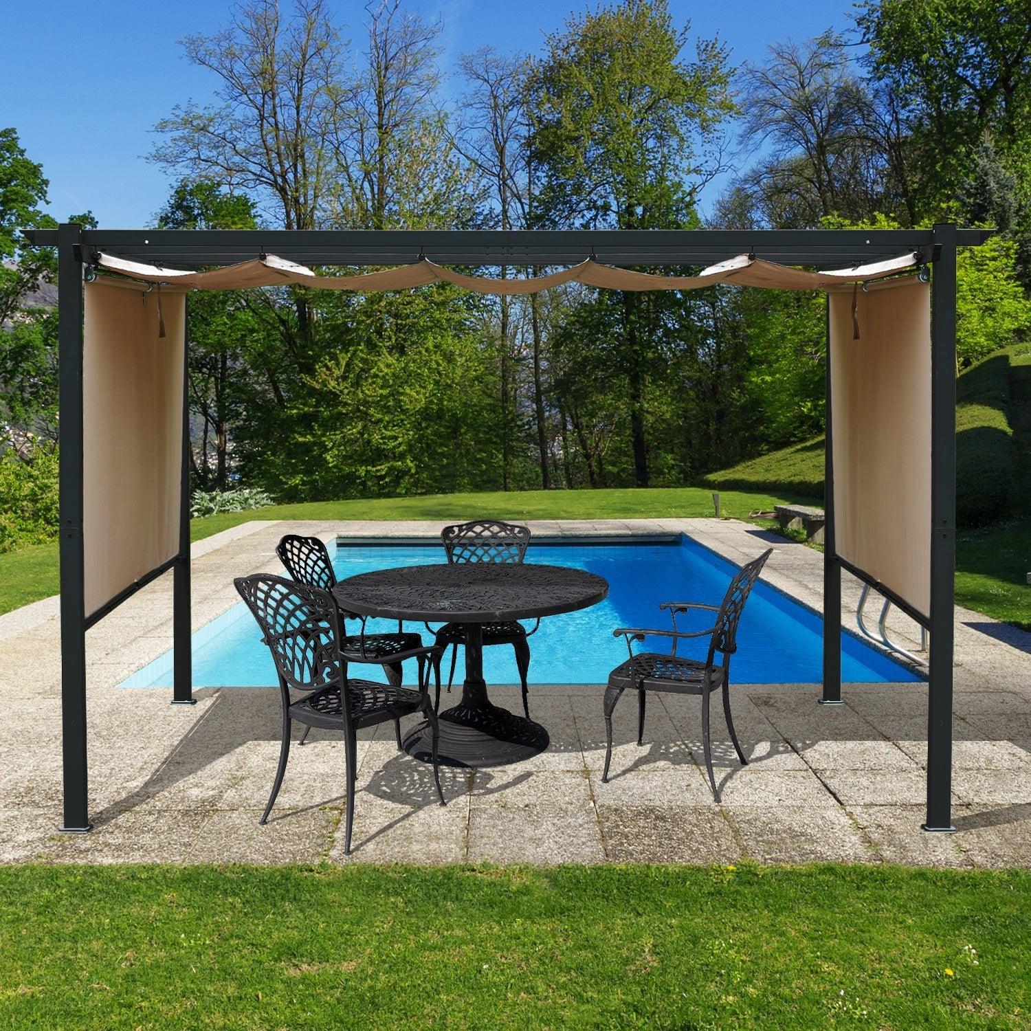 12 x 12 FT Outdoor Pergola with Retractable Shade Canopy, Aluminum Frame, 4 Pieces Roller Shade Curtain- Brown  Aoodor    