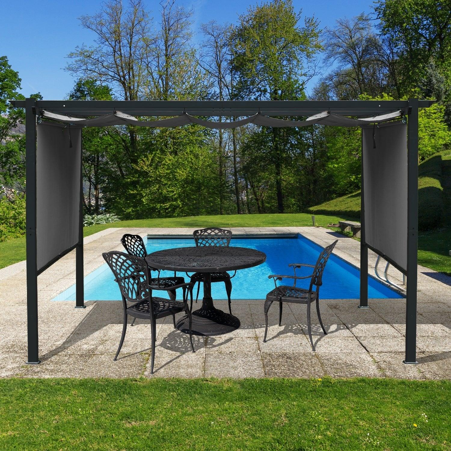 12 x 12 FT Outdoor Pergola with Retractable Shade Canopy, Aluminum Frame, 4 Pieces Roller Shade Curtain- Gary  Aoodor    
