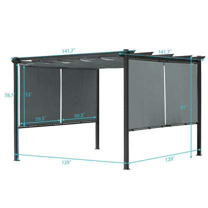 12 x 12 FT Outdoor Pergola with Retractable Shade Canopy, Aluminum Frame, 4 Pieces Roller Shade Curtain- Gary  Aoodor    