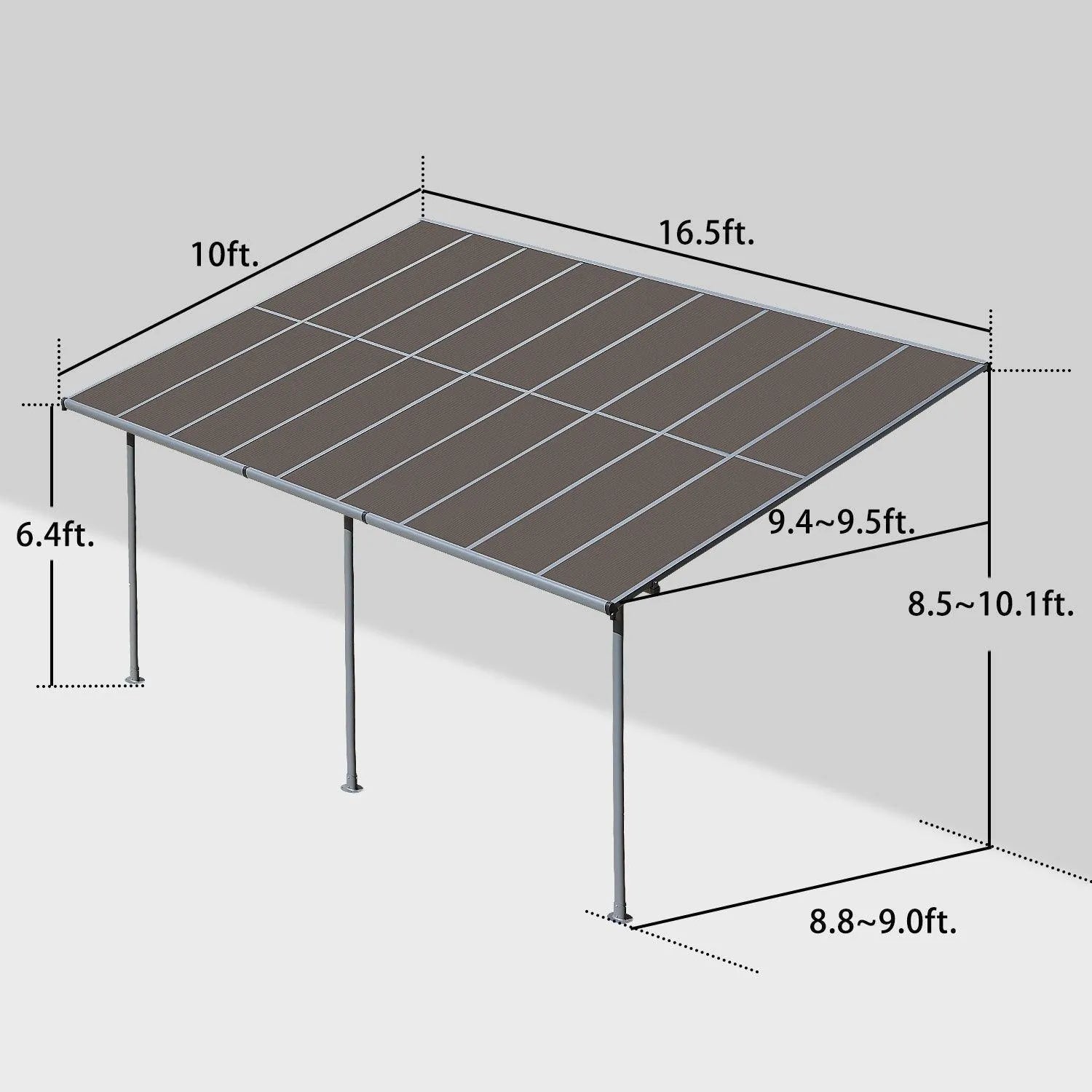 13' x 10' /16.5' x 10' Wall Mount Gazebo - Polycarbonate Outdoor Pergola Pergola Aoodor LLC 10' x 16.5'