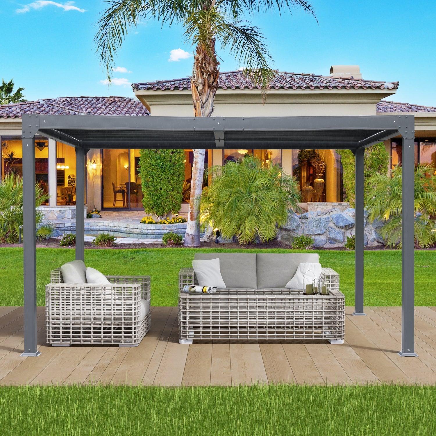13 x 10 ft. Outdoor Aluminum Louvered Pergola, Sun Shade Shelter with 2 Adjustable Panels - Dark Gray  Aoodor    