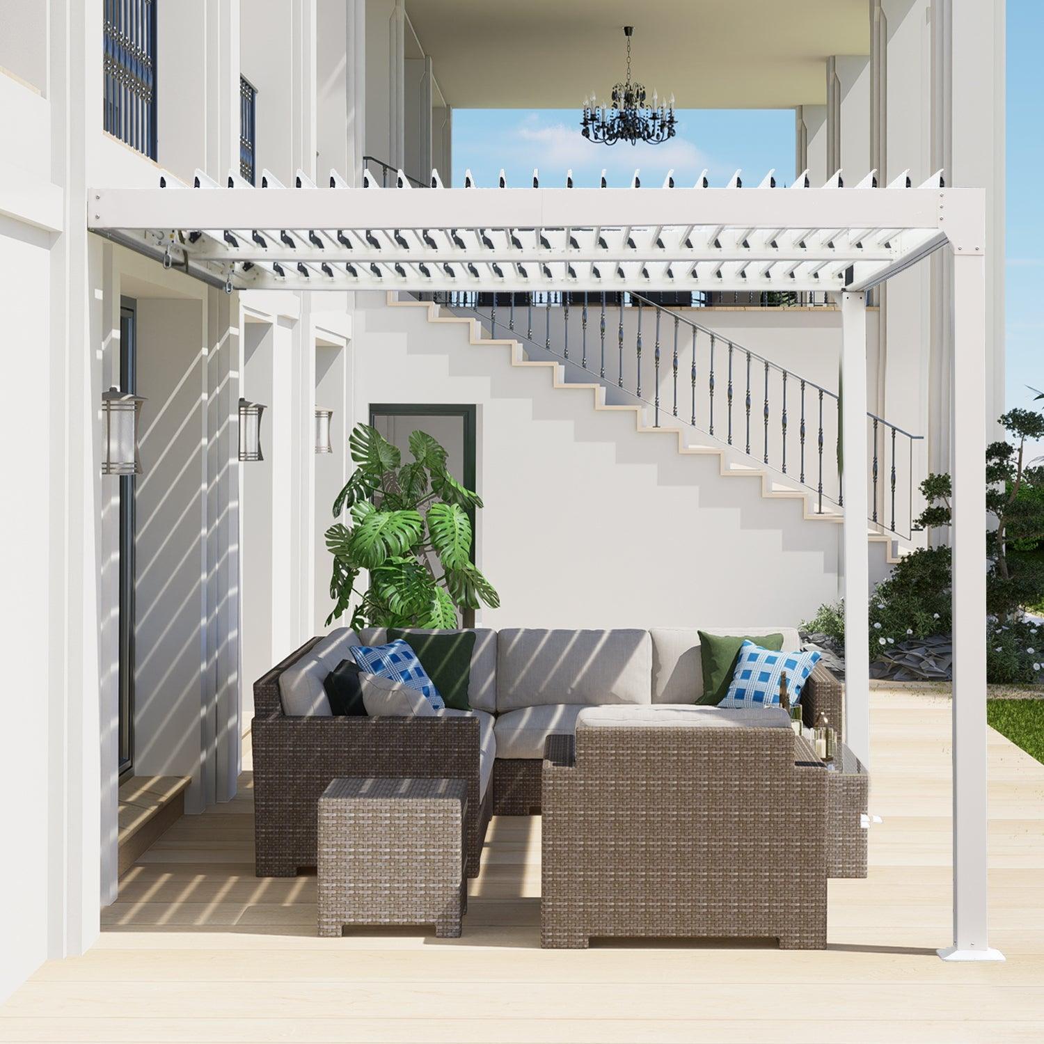 13 x 10 ft. Outdoor Aluminum Wall Mounted Louvered Pergola, Sun Shade Shelter with 2 Adjustable Panels  - Dark Gray/White Louvered Pergola Aoodor LLC   