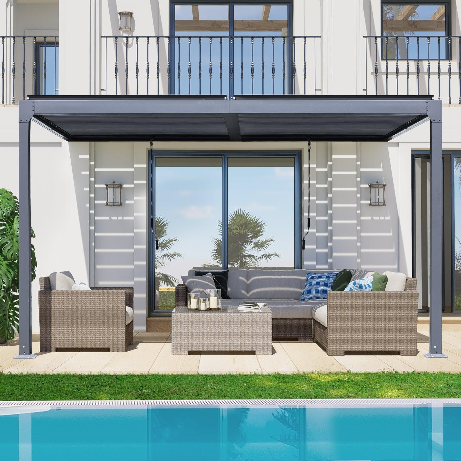 13 x 10 ft. Outdoor Aluminum Wall Mounted Louvered Pergola, Sun Shade Shelter with 2 Adjustable Panels  - Dark Gray/White Louvered Pergola Aoodor LLC   