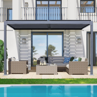 13 x 10 ft. Outdoor Aluminum Wall Mounted Louvered Pergola, Sun Shade Shelter with 2 Adjustable Panels  - Dark Gray/White Louvered Pergola Aoodor LLC   