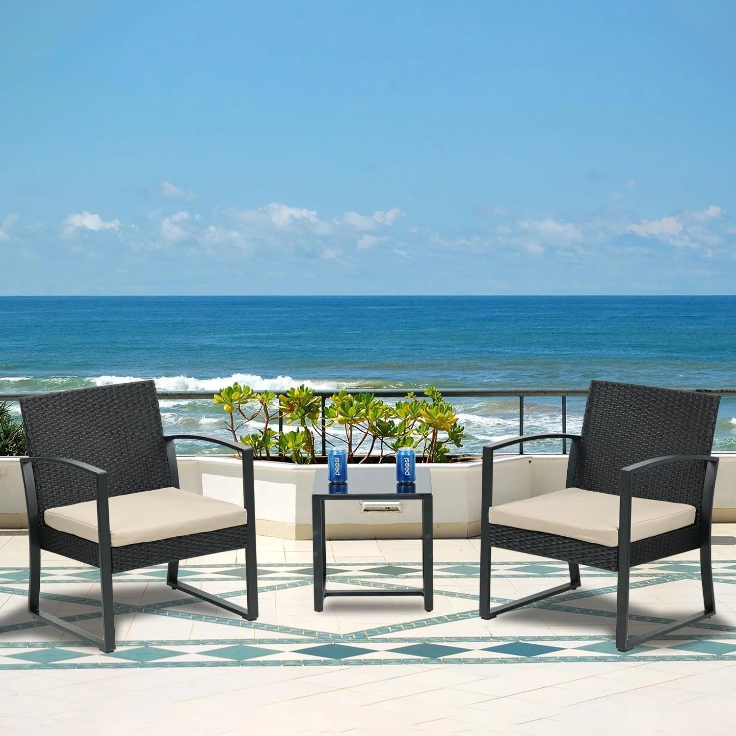 3-Piece Patio Furniture Set - Outdoor Rattan Wicker Chairs with Table, Sofa Set Including Cushions, Ideal for Conversations in Garden or Poolside Furniture Aoodor LLC   