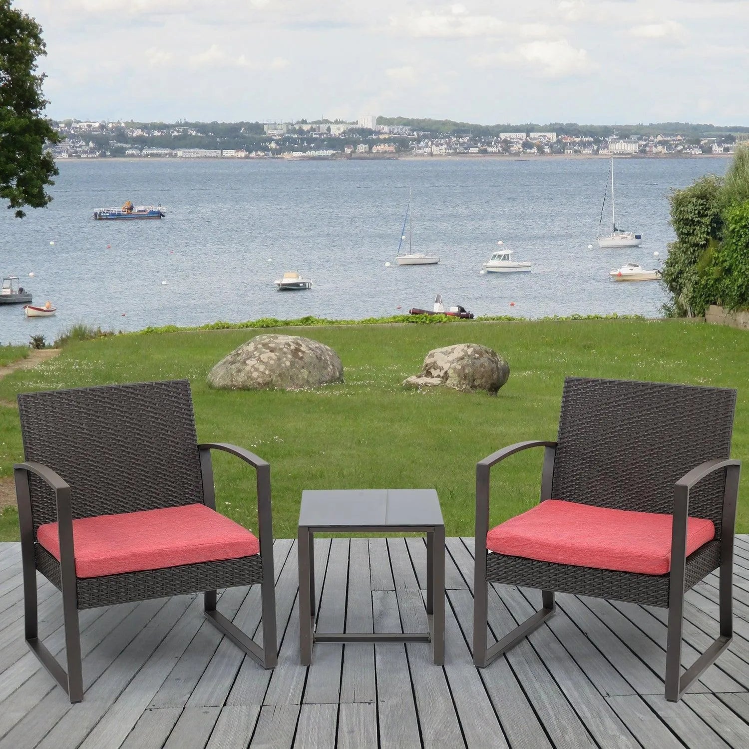 3-Piece Patio Furniture Set - Outdoor Rattan Wicker Chairs with Table, Sofa Set Including Cushions, Ideal for Conversations in Garden or Poolside Furniture Aoodor LLC   
