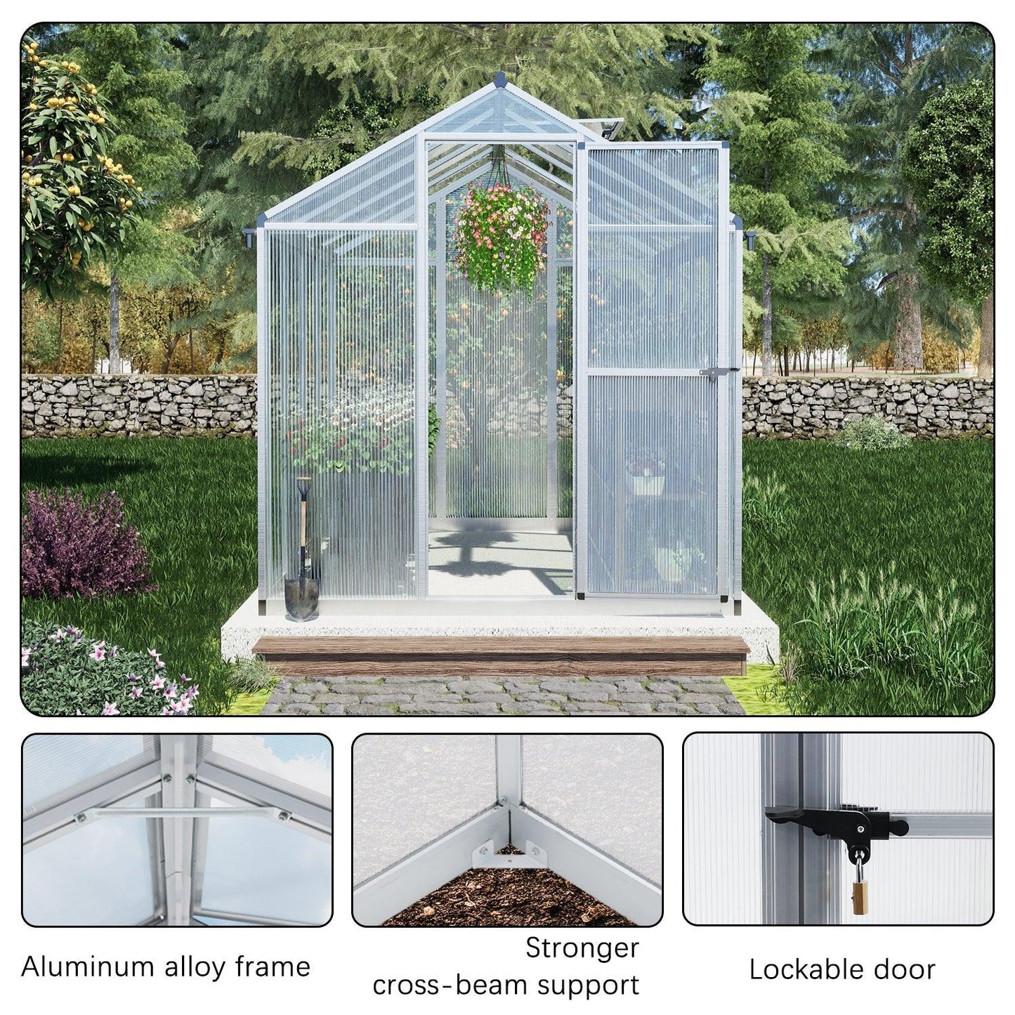 6' x 8' /6' x 10' Walk-in Polycarbonate Greenhouse with Roof Vent and Door lock,  Aluminum Frame and Polycarbonate Panels- White/Black  Aoodor LLC   