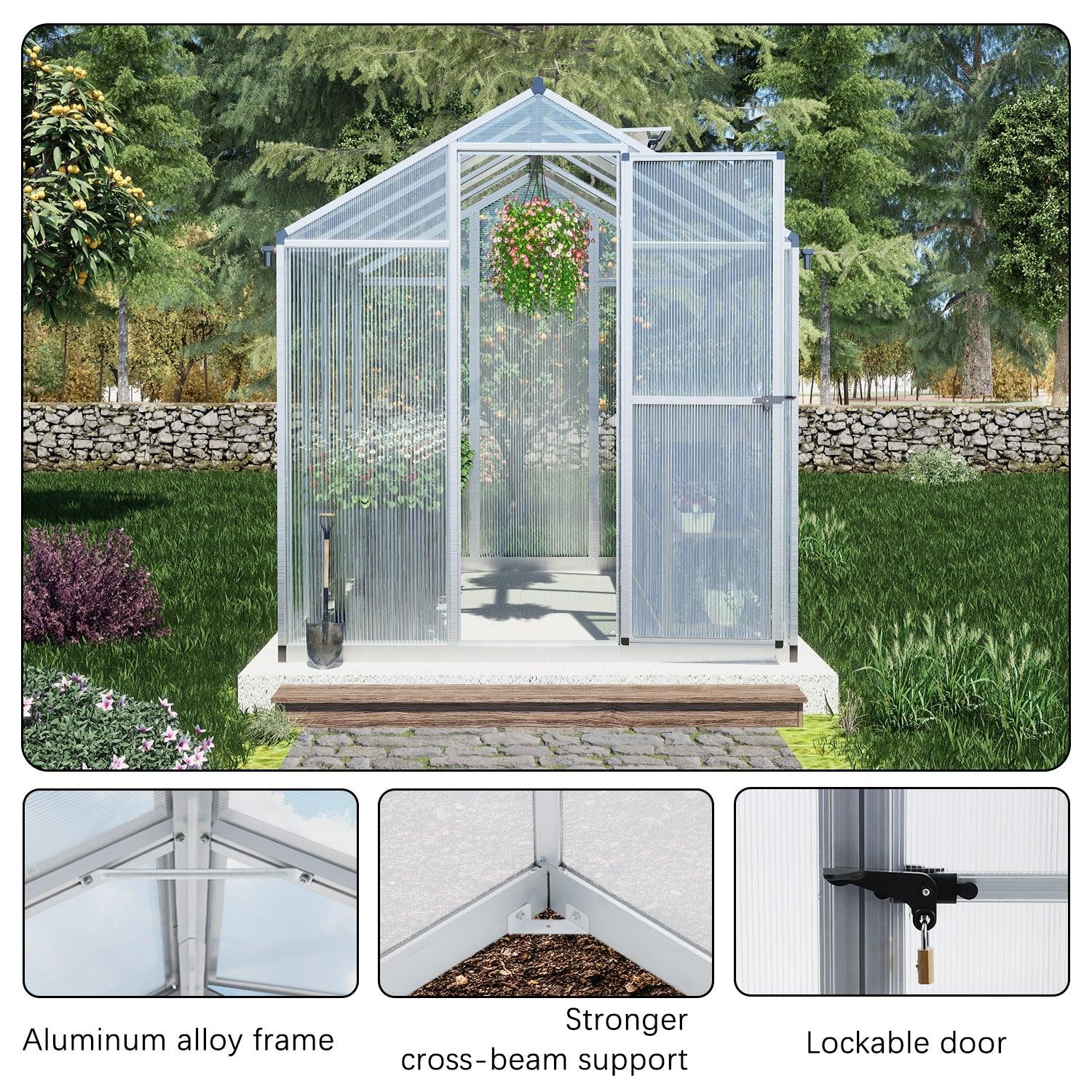 6' x 8' /6' x 10' Walk-in Polycarbonate Greenhouse with Roof Vent and Door lock,  Aluminum Frame and Polycarbonate Panels- White/Black  Aoodor LLC   