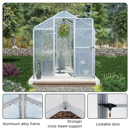 6' x 8' /6' x 10' Walk-in Polycarbonate Greenhouse with Roof Vent and Door lock,  Aluminum Frame and Polycarbonate Panels- White/Black  Aoodor LLC   