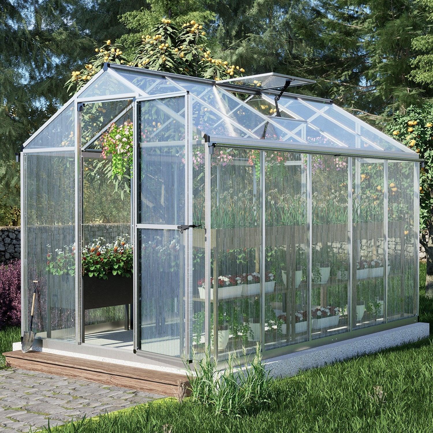 6' x 8' /6' x 10' Walk-in Polycarbonate Greenhouse with Roof Vent and Door lock,  Aluminum Frame and Polycarbonate Panels- White/Black  Aoodor LLC   