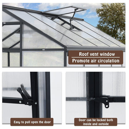 6' x 8' /6' x 10' Walk-in Polycarbonate Greenhouse with Roof Vent and Door lock,  Aluminum Frame and Polycarbonate Panels- White/Black  Aoodor LLC   