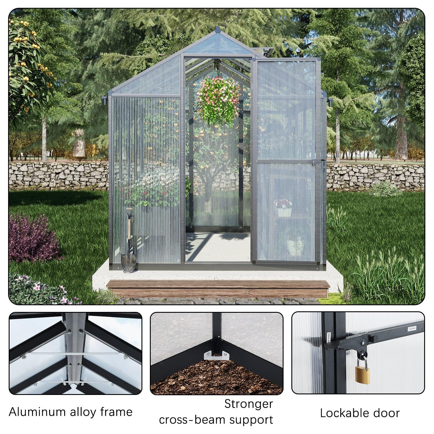 6' x 8' /6' x 10' Walk-in Polycarbonate Greenhouse with Roof Vent and Door lock,  Aluminum Frame and Polycarbonate Panels- White/Black  Aoodor LLC   