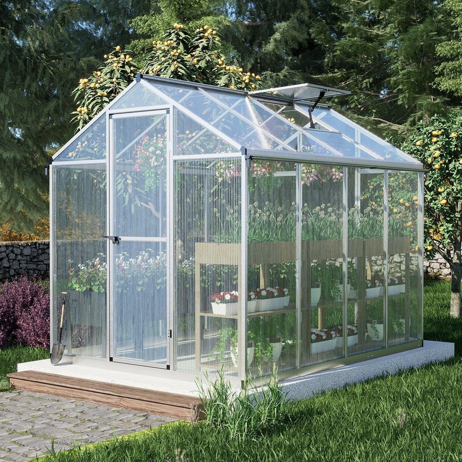 6' x 8' /6' x 10' Walk-in Polycarbonate Greenhouse with Roof Vent and Door lock,  Aluminum Frame and Polycarbonate Panels- White/Black  Aoodor LLC   