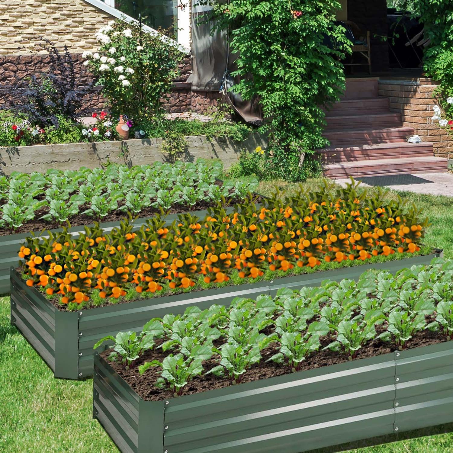 Outdoor Raised Garden Bed 6' x 3' /8' x 4' - Reinforced Galvanized Steel Planter Box for Vegetables, Patio, Outdoor Yard Planter Aoodor   